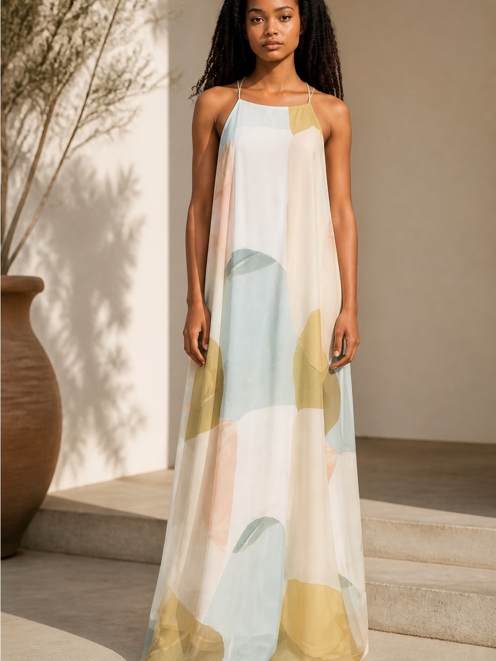 Soft Pastel Halter Maxi Dress - Cream with Blue & Green Accents